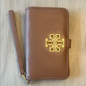 Tory Burch Brown Leather Wristlet Phone Wallet with Gold Logo